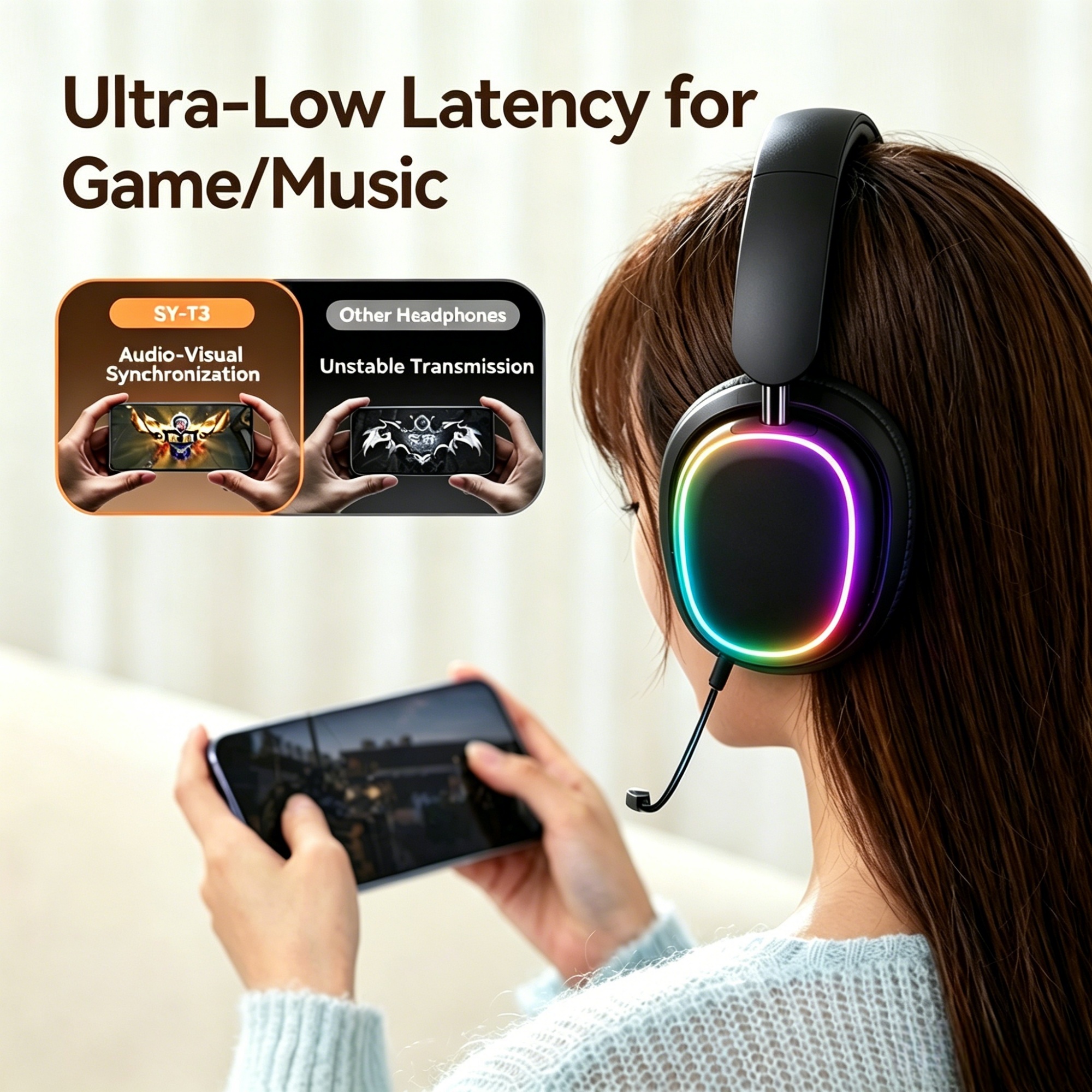 SY‑T3 Aurora Wireless Over‑Ear Headphones, Bluetooth 5.3, Detachable ENC Mic, RGB Light, Foldable, 20H Playtime, Gaming Headset for Phone Laptop PC
