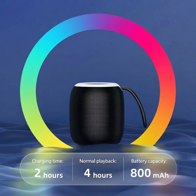 Mini Bluetooth Speaker for Outdoor Travel, HiFi Metal Diaphragm Bass, Bluetooth 5.0, RGB Party Lights, TF Card and USB Flash Drive Playback, 4 Hours Playtime, 800mAh Battery with Lanyard, Black