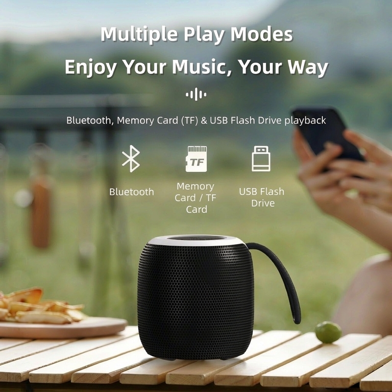 Mini Bluetooth Speaker for Outdoor Travel, HiFi Metal Diaphragm Bass, Bluetooth 5.0, RGB Party Lights, TF Card and USB Flash Drive Playback, 4 Hours Playtime, 800mAh Battery with Lanyard, Black