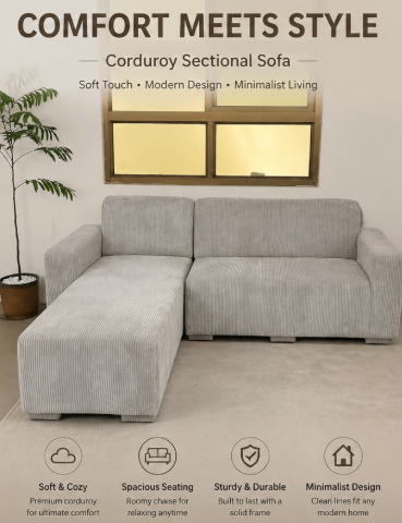 Modern 4-Seater Corduroy L-Shaped Sofa – Minimalist Lounge Couch with Chaise, Soft Fabric Sectional Sofa for Living Room