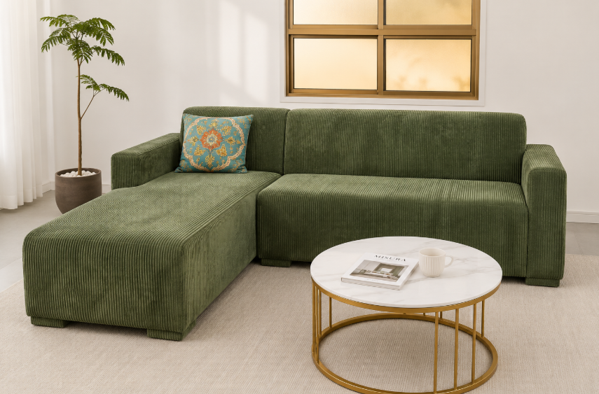 Modern 4-Seater Corduroy L-Shaped Sofa – Minimalist Lounge Couch with Chaise, Soft Fabric Sectional Sofa for Living Room Green color