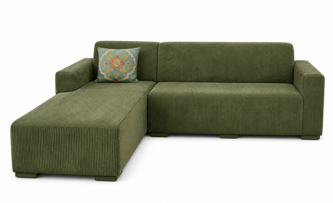 Modern 4-Seater Corduroy L-Shaped Sofa – Minimalist Lounge Couch with Chaise, Soft Fabric Sectional Sofa for Living Room Green color
