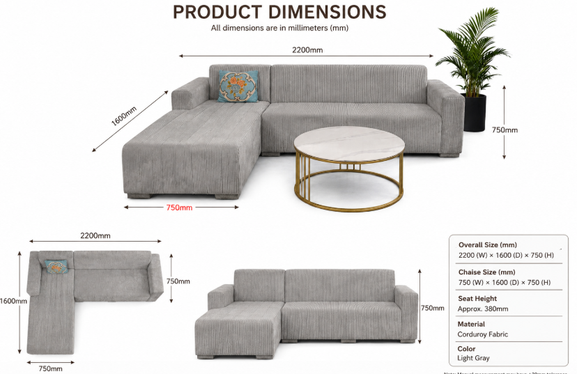 Modern 4-Seater Corduroy L-Shaped Sofa – Minimalist Lounge Couch with Chaise, Soft Fabric Sectional Sofa for Living Room