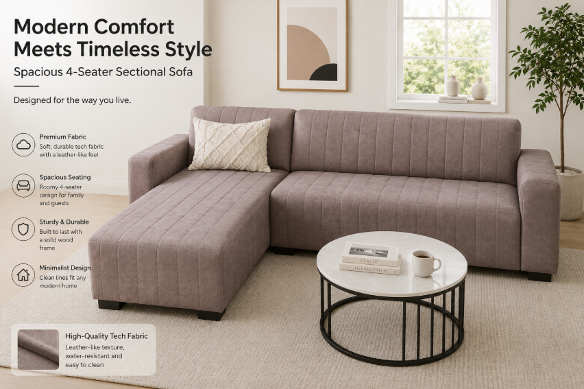 Modern 4-Seater Corduroy L-Shaped Sofa Leather-look Fabric Sofa Premium tech fabric with leather feel – Minimalist Lounge Couch with Chaise, Soft Fabric Sectional Sofa for Living Room Light Brown