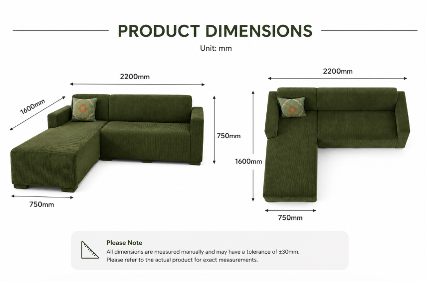 Modern 4-Seater Corduroy L-Shaped Sofa – Minimalist Lounge Couch with Chaise, Soft Fabric Sectional Sofa for Living Room Green color