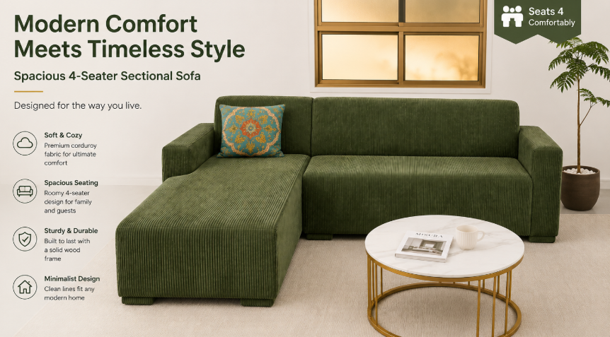 Modern 4-Seater Corduroy L-Shaped Sofa – Minimalist Lounge Couch with Chaise, Soft Fabric Sectional Sofa for Living Room Green color