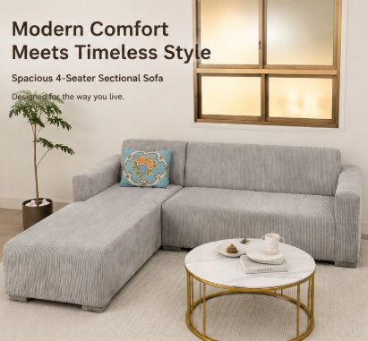 Modern 4-Seater Corduroy L-Shaped Sofa – Minimalist Lounge Couch with Chaise, Soft Fabric Sectional Sofa for Living Room
