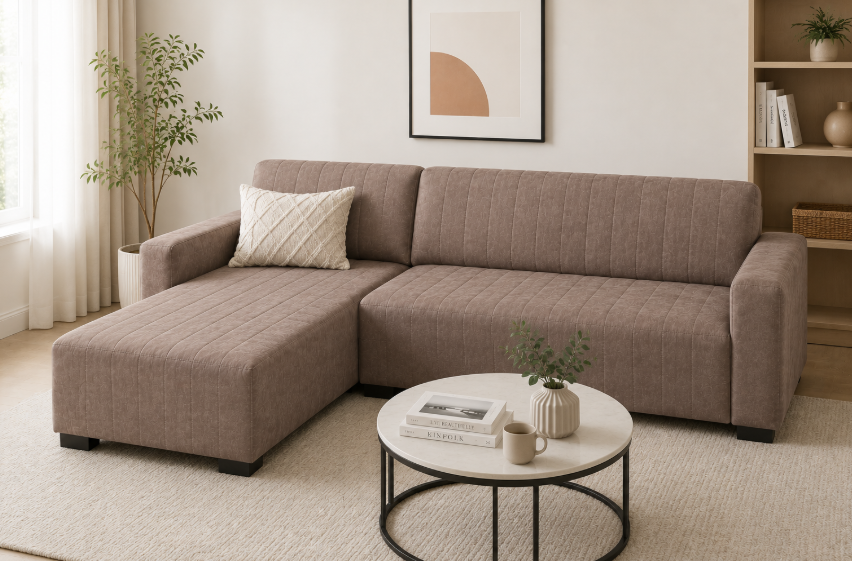 Modern 4-Seater Corduroy L-Shaped Sofa Leather-look Fabric Sofa Premium tech fabric with leather feel – Minimalist Lounge Couch with Chaise, Soft Fabric Sectional Sofa for Living Room Light Brown