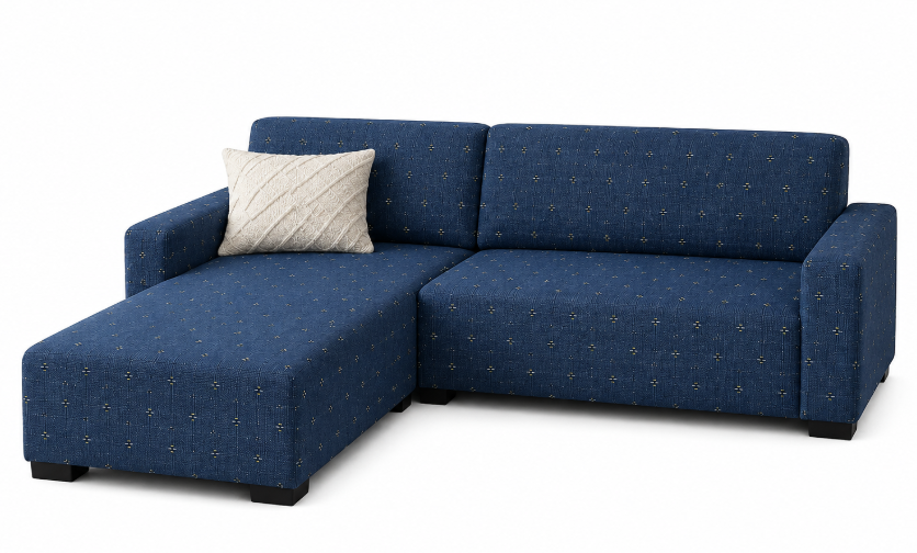Modern 4-Seater Corduroy L-Shaped Sofa – Minimalist Lounge Couch with Chaise, Soft Fabric Sectional Sofa for Living Room Blue with flower color