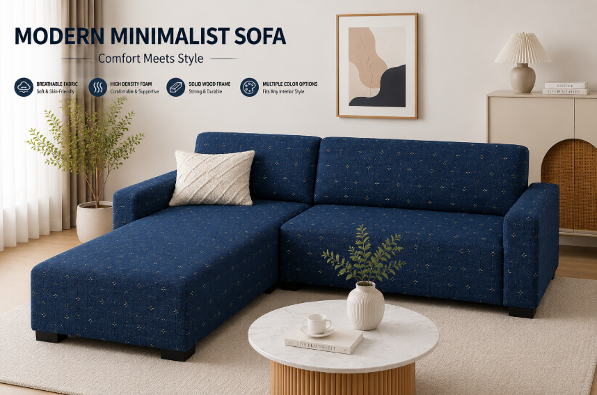 Modern 4-Seater Corduroy L-Shaped Sofa – Minimalist Lounge Couch with Chaise, Soft Fabric Sectional Sofa for Living Room Blue with flower color