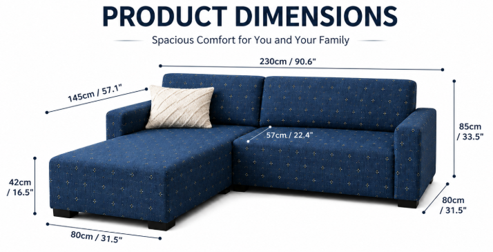 Modern 4-Seater Corduroy L-Shaped Sofa – Minimalist Lounge Couch with Chaise, Soft Fabric Sectional Sofa for Living Room Blue with flower color
