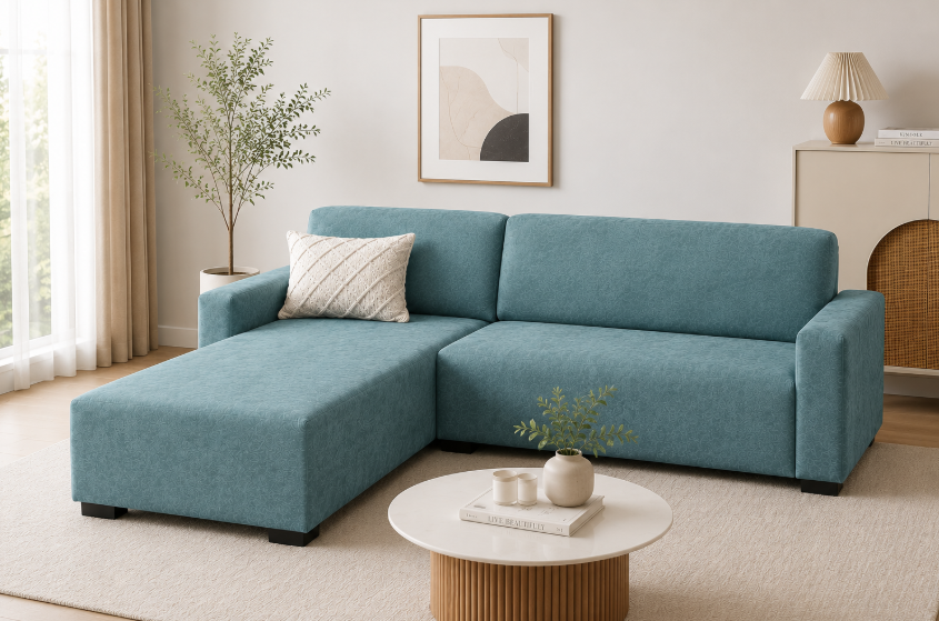 Modern 4-Seater Corduroy L-Shaped Sofa – Minimalist Lounge Couch with Chaise, Soft Fabric Sectional Sofa for Living Room Blue color