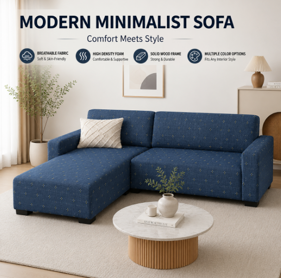 Modern 4-Seater Corduroy L-Shaped Sofa – Minimalist Lounge Couch with Chaise, Soft Fabric Sectional Sofa for Living Room Blue with flower color