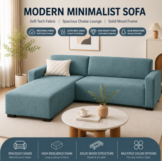 Modern 4-Seater Corduroy L-Shaped Sofa – Minimalist Lounge Couch with Chaise, Soft Fabric Sectional Sofa for Living Room Blue color