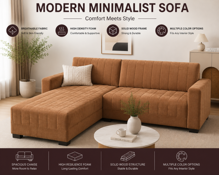 Modern 4-Seater Corduroy L-Shaped Sofa – Minimalist Lounge Couch with Chaise, Soft Fabric Sectional Sofa for Living Room Brown