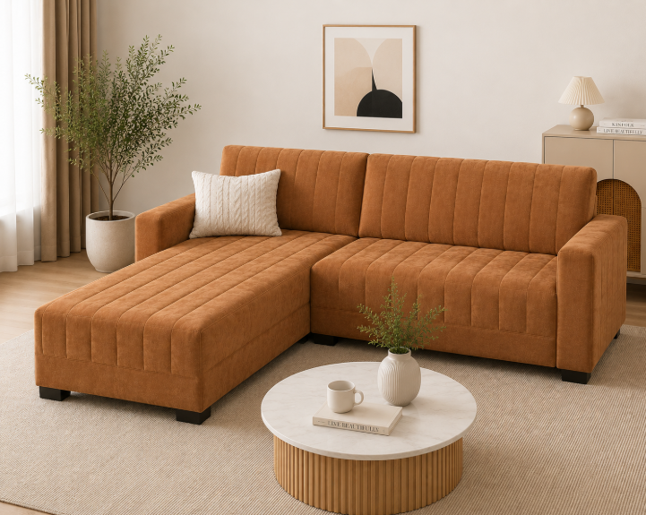 Modern 4-Seater Corduroy L-Shaped Sofa – Minimalist Lounge Couch with Chaise, Soft Fabric Sectional Sofa for Living Room