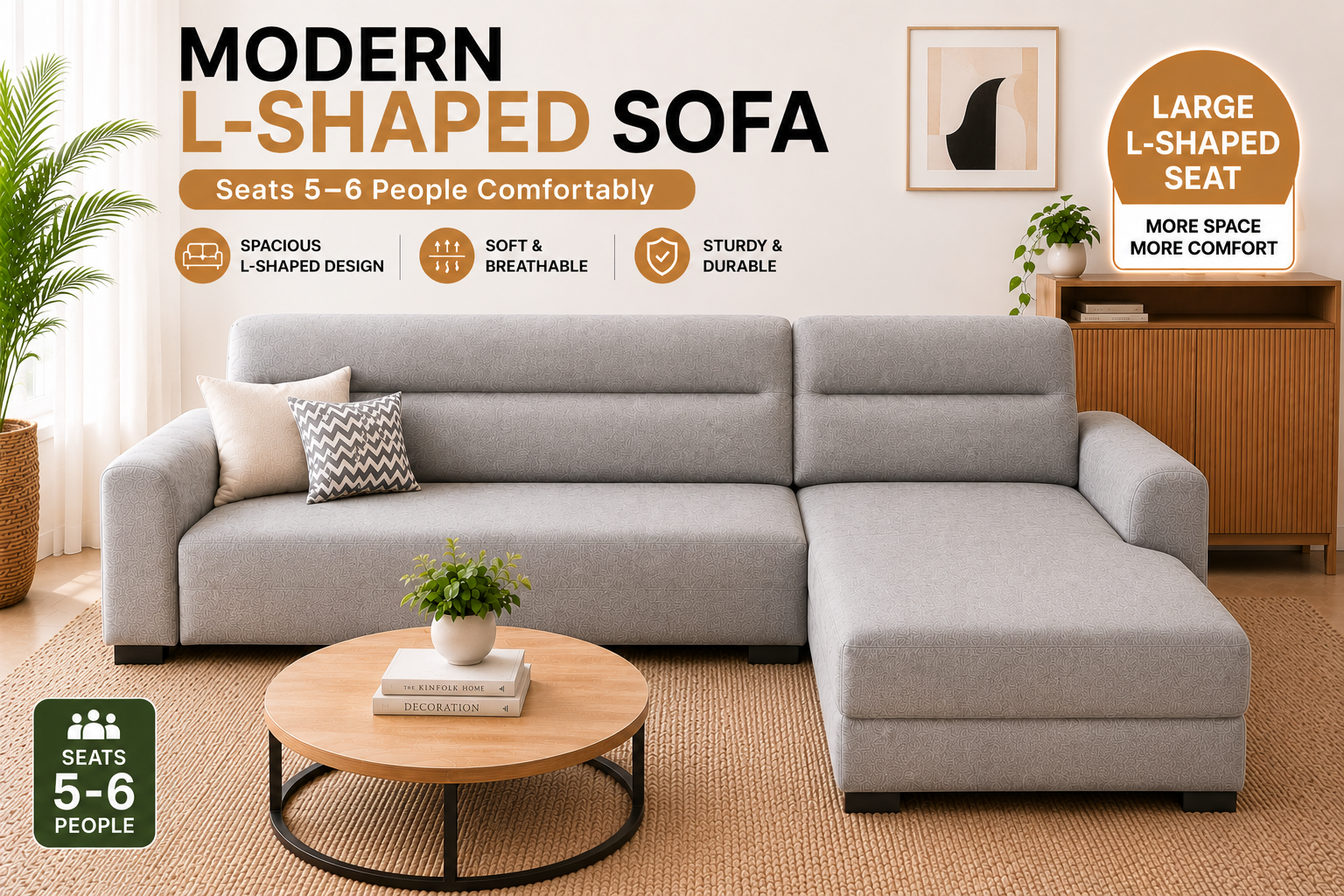 Extra Spacious Large 5-6 Seater L-Shaped Sofa, Spacious & Comfortable Couch for Modern Living Room,Extra Spacious L-Shaped Sofa,Deep Seat Comfortable Sofa