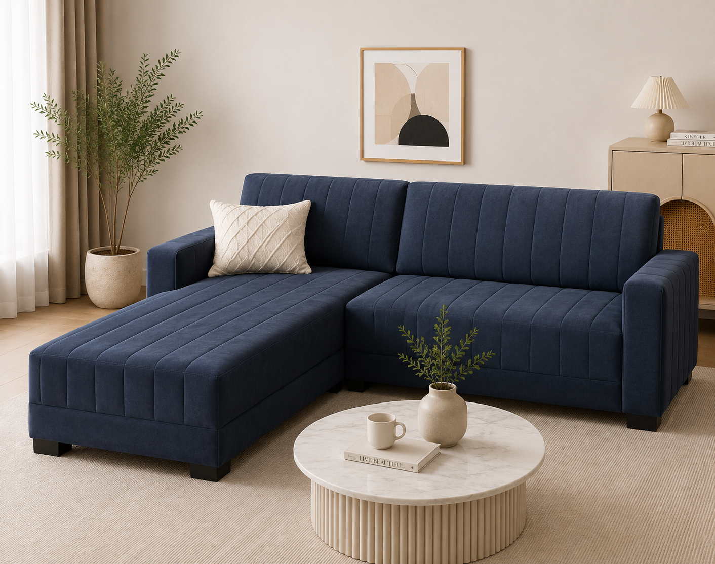Modern 4-Seater Corduroy L-Shaped Sofa – Minimalist Lounge Couch with Chaise, Soft Fabric Sectional Sofa for Living Room