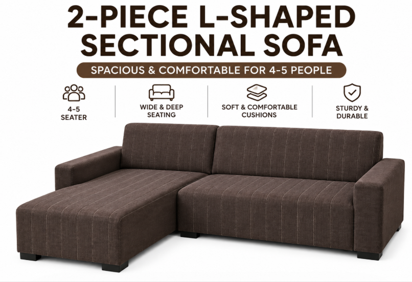 Modern 4-Seater Corduroy L-Shaped Sofa – Minimalist Lounge Couch with Chaise, Soft Fabric Sectional Sofa for Living Room Dark brown