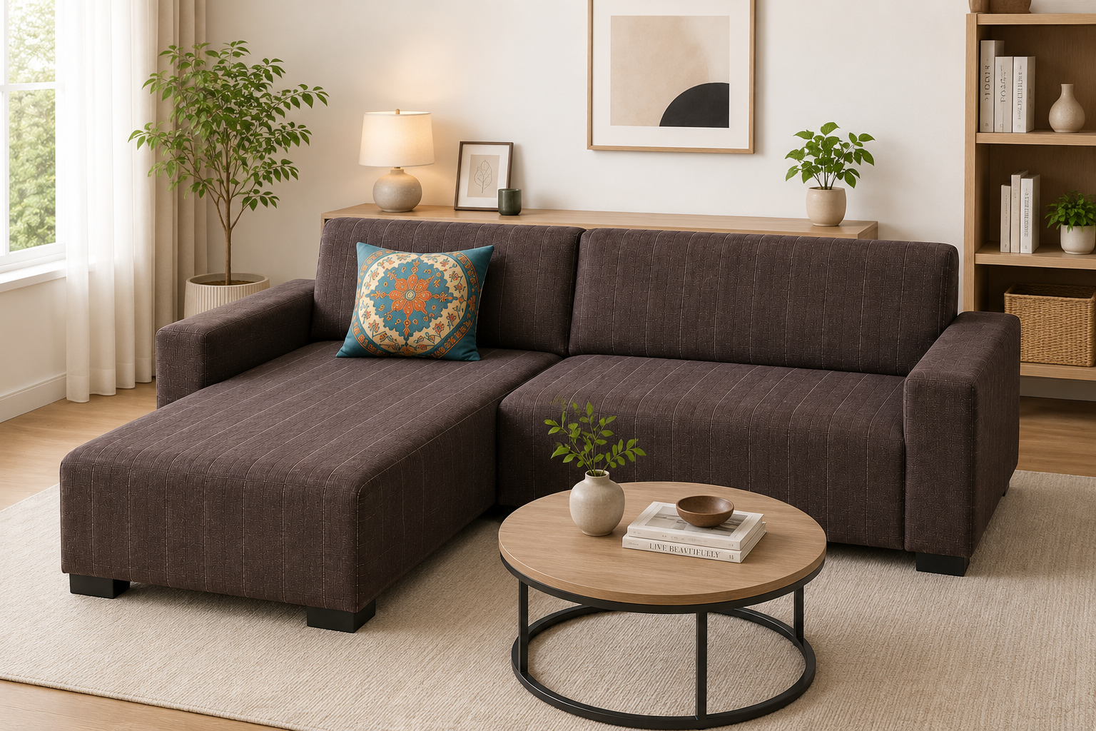 Modern 4-Seater Corduroy L-Shaped Sofa – Minimalist Lounge Couch with Chaise, Soft Fabric Sectional Sofa for Living Room Dark brown