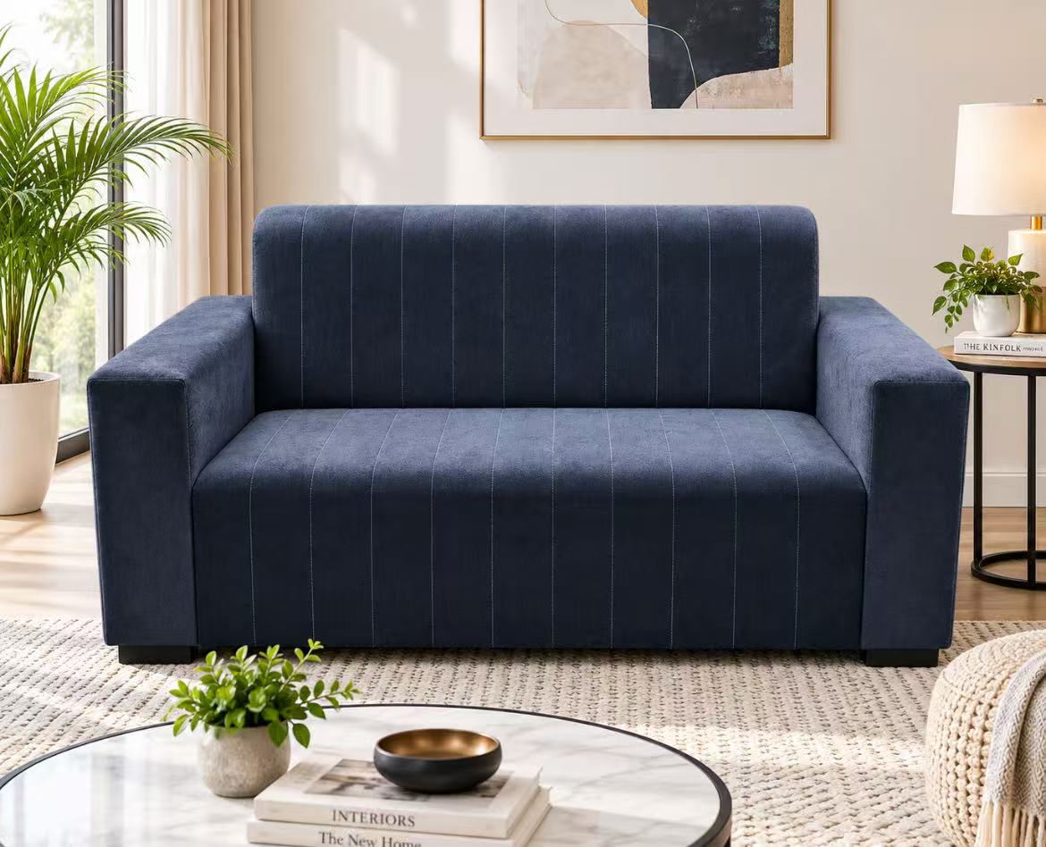 Modern 2 Seater Sofa, Navy Blue Fabric Loveseat, Comfortable Upholstered Couch for Living Room, Bedroom, Office & Apartment & Airbnb