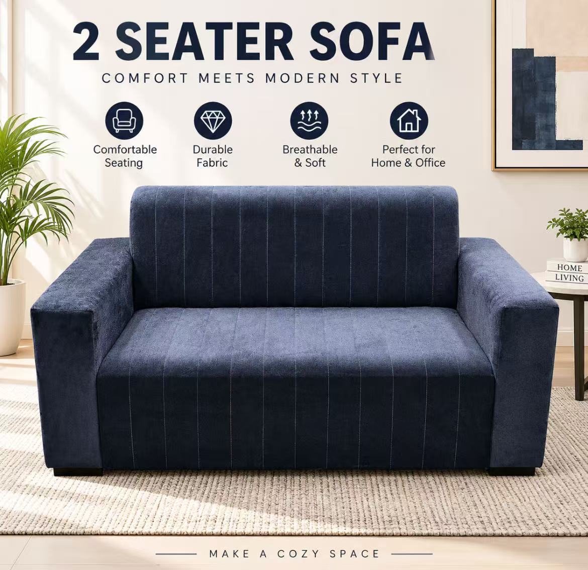 Modern 2 Seater Sofa, Navy Blue Fabric Loveseat, Comfortable Upholstered Couch for Living Room, Bedroom, Office & Apartment & Airbnb
