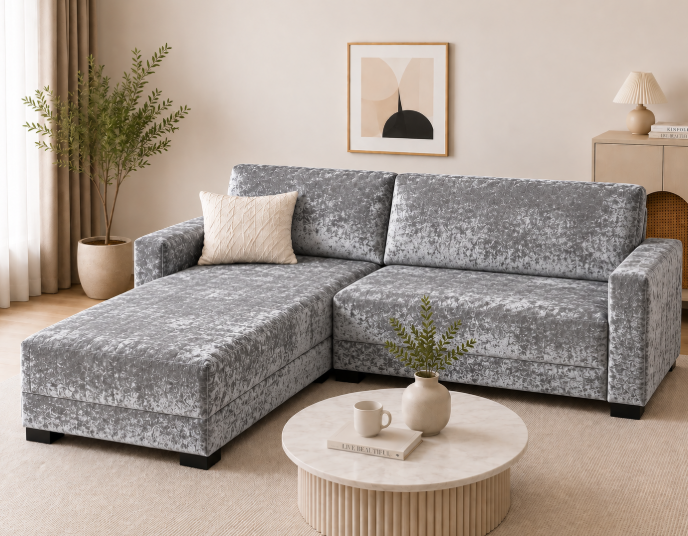 Modern 4-Seater Corduroy L-Shaped Sofa – Minimalist Lounge Couch with Chaise, Soft Fabric Sectional Sofa for Living Room Shine Sliver