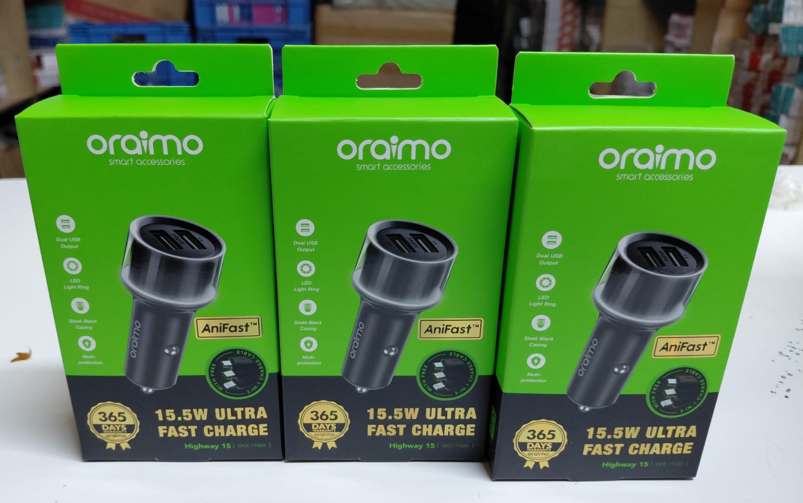 Oraimo OCC 1152D Car Charger with All Cables (Type C, ios, Micro)