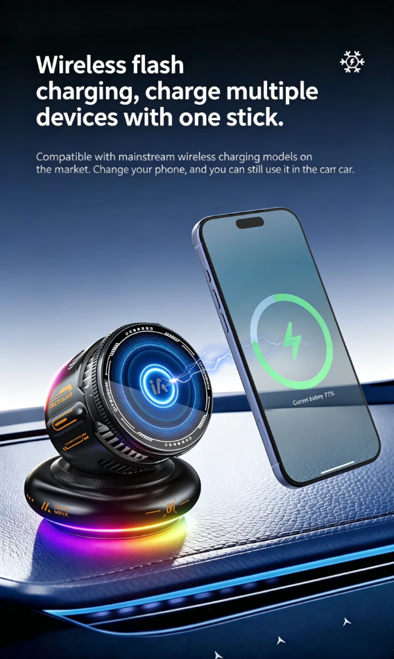 Magnetic Car Wireless Charger 15W Fast Charging Cooling Fan RGB Light Strong Magnetic Vent Mount for iPhone Samsung Android