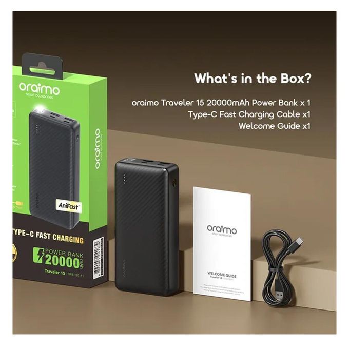 Oraimo Power Bank Traveler 15 OPB-1201P 15W 20,000mAh Fast charging power bank with Type C Output ,15W Fast Charging, Type-C Output + Multiple Ports, LED Power Indicator, Universal Compatibility