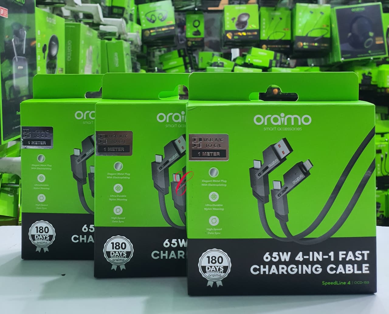 NEW ALERT! Oraimo Speedline 4 OCD-155 65W 4 in 1 Fast Charging Cable With Type C, Lighting and USB A  One Meter Cable, Ultra Durable ,High Speed Data Transfer, Elegant  Metal Plug with Electroplating