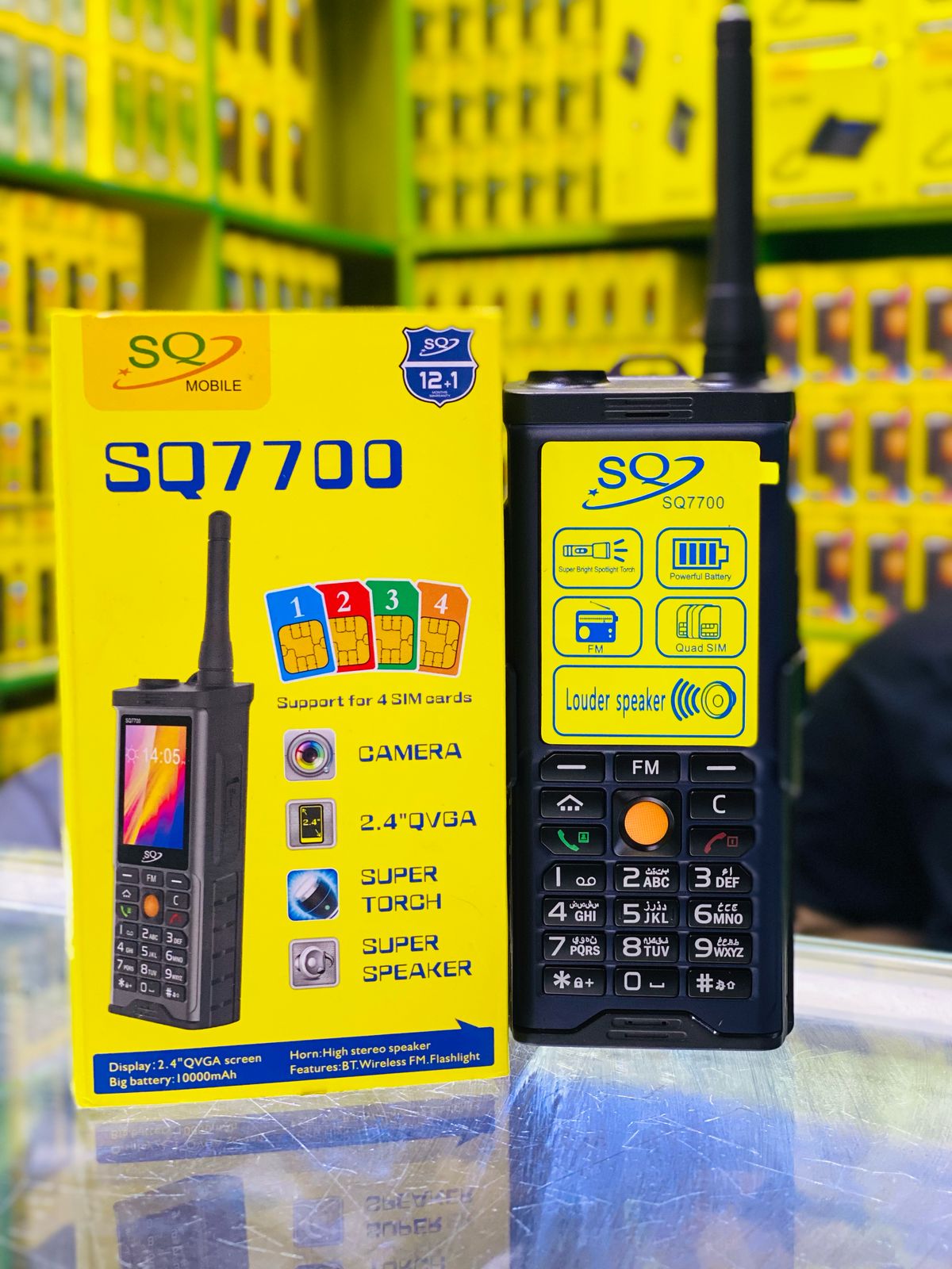 SQ 7700 Feature  Phone With 2.4" Screen Display, QUAD SIM Cards (4) Big battery 10000mAh,Super Torch Flashlight ,High Stereo Speaker, BT, Wireless FM and Camera