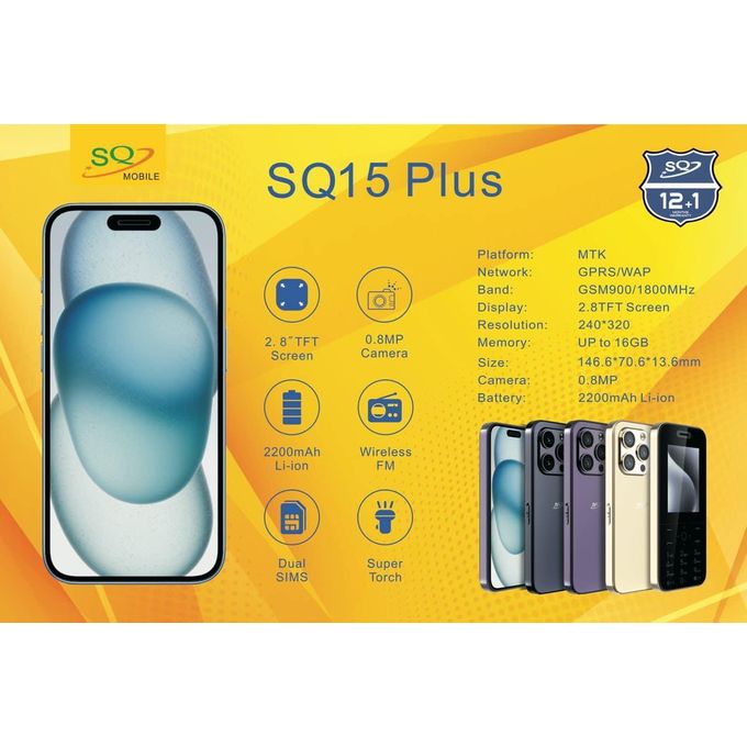 SQ 15 PLUS  Dual Sim Card Feature Phone,2.8'' Screen Display ,Camera 0.8MP,Battery 2200mAh Li-ion, Wireless FM, Super Torch,