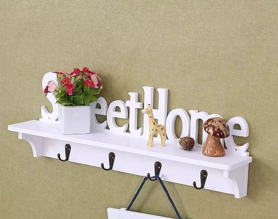 Sweet Home Decorative Key Holder – Wall-Mounted Organizer with Shelf & Hooks, 3D Letter Cutout Design, Entryway Decor for Keys, Mail & Accessories