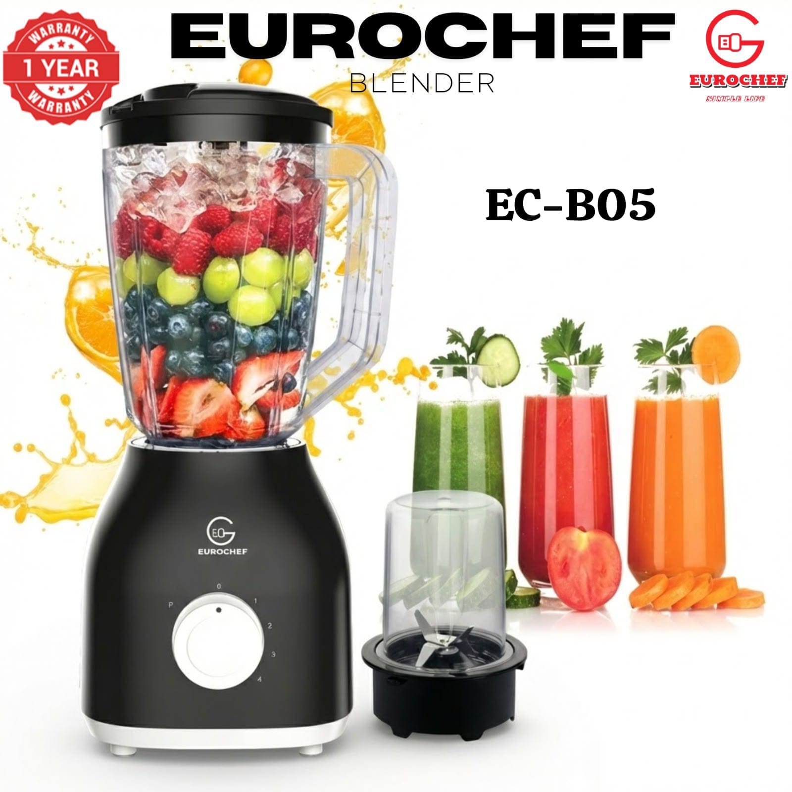Eurochef EC-B05 2-in-1 Blender – 1.8L Unbreakable Jug with 650W Motor & 4-Speed Pulse Function for Smoothies, Soups & Spices
