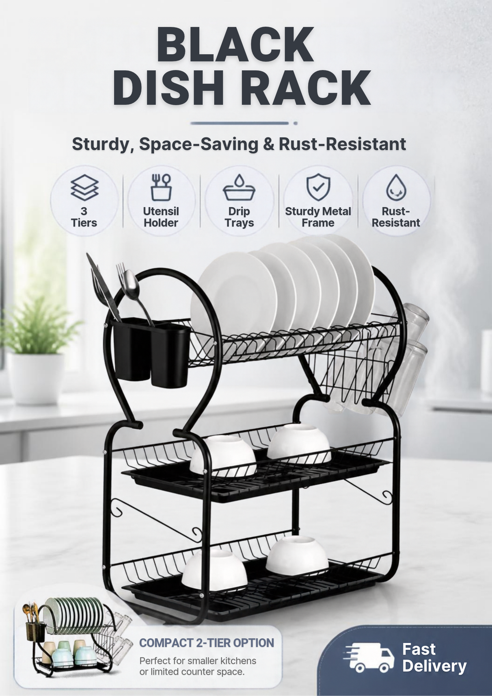 Stainless Steel Black Dish Rack – Rashnik 2-Layer Rust-Resistant Dish Drainer with Removable Drip Tray & Cutlery Holder – Space-Saving Kitchen Organizer for Plates, Cups & Utensils