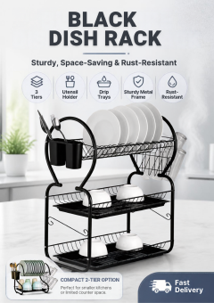 Stainless Steel Black Dish Rack – Rashnik 2-Layer Rust-Resistant Dish Drainer with Removable Drip Tray & Cutlery Holder – Space-Saving Kitchen Organizer for Plates, Cups & Utensils