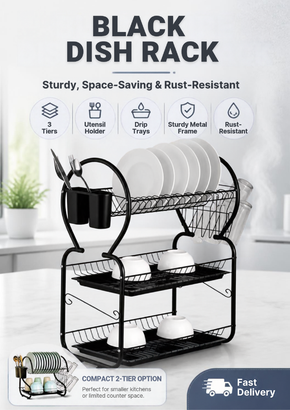 Stainless Steel Black Dish Rack – Rashnik 2-Layer Rust-Resistant Dish Drainer with Removable Drip Tray & Cutlery Holder – Space-Saving Kitchen Organizer for Plates, Cups & Utensils