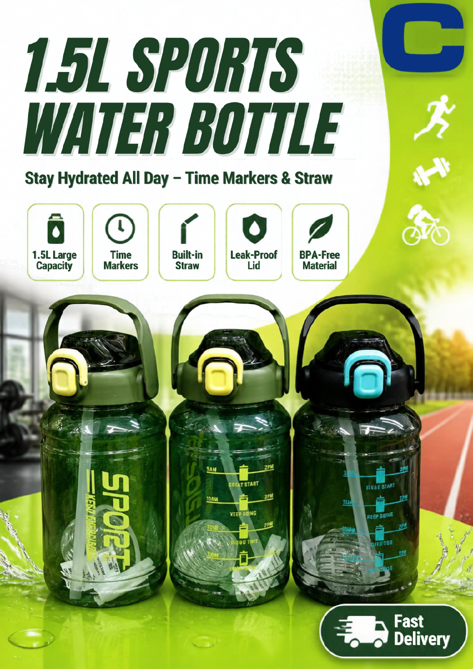 1.5L Sports Water Bottle with Built-in Straw & Carry Handle – Large Capacity BPA-Free Leak-Proof Hydration Bottle for Gym, Fitness, Travel, Office & Outdoor