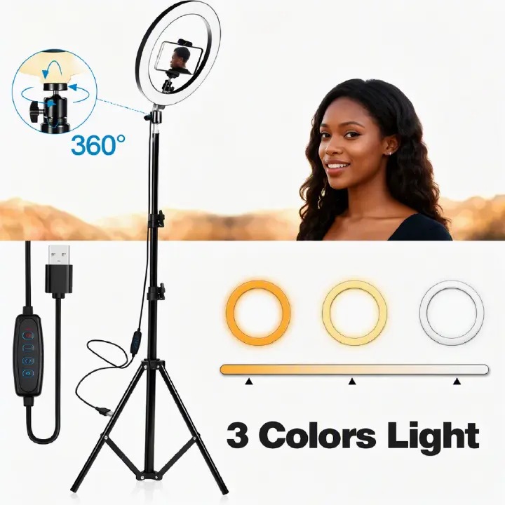 2.1M Tripod Stand with 10 Inch LED Ring Light – Selfie, Makeup & Live Streaming Kit with Phone Holder, USB Powered Studio Light for YouTube, TikTok, Vlogging & Photography