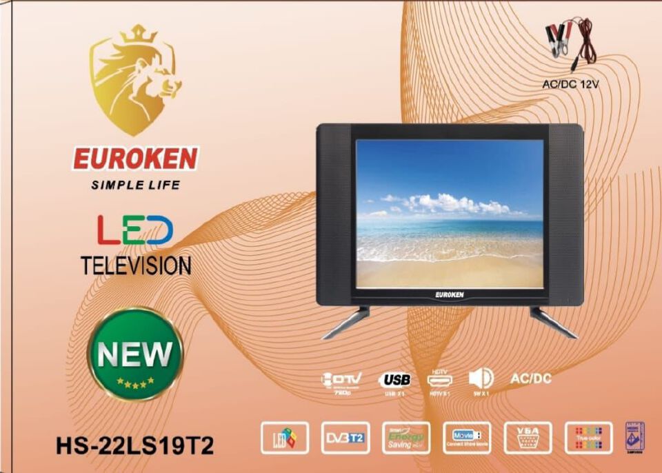 Euroken HS-22LS19T2 22inch digital LED television,with an HD display and AC/DC 12V compatibility. 💥22-inch LED panel with HD (720p) resolution and true color technology. 💥Built-in DVB-T2 digital tu