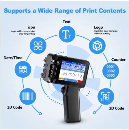 Handheld Inkjet Printer Gun Small Portable with HD LED 4.3inch Touch Screen With 0/1/2pcs Cartridge 12.7mm for QR Code Barcode