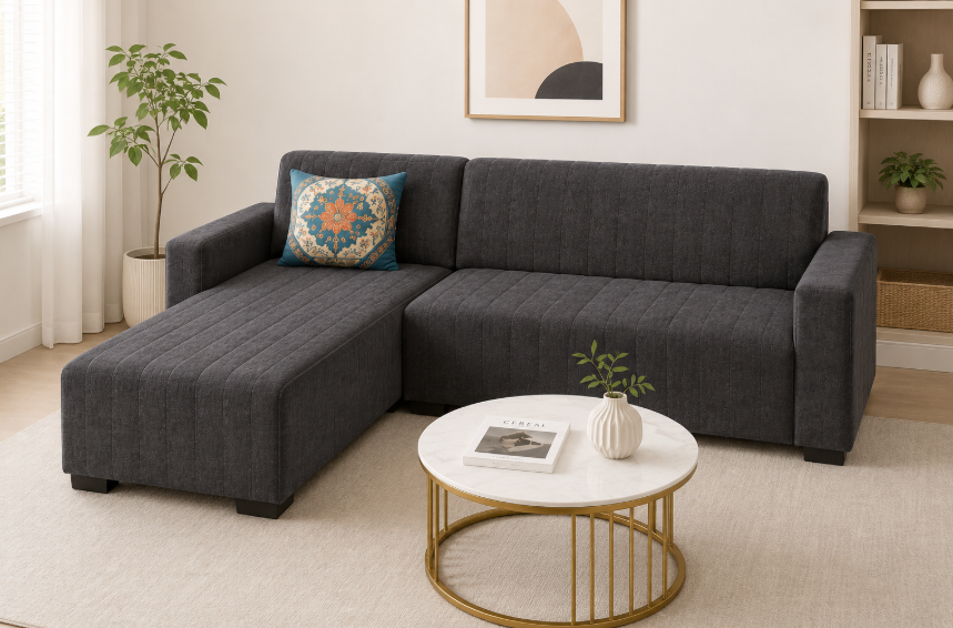 Modern 4-Seater Corduroy L-Shaped Sofa – Minimalist Lounge Couch with Chaise, Soft Fabric Sectional Sofa for Living Room