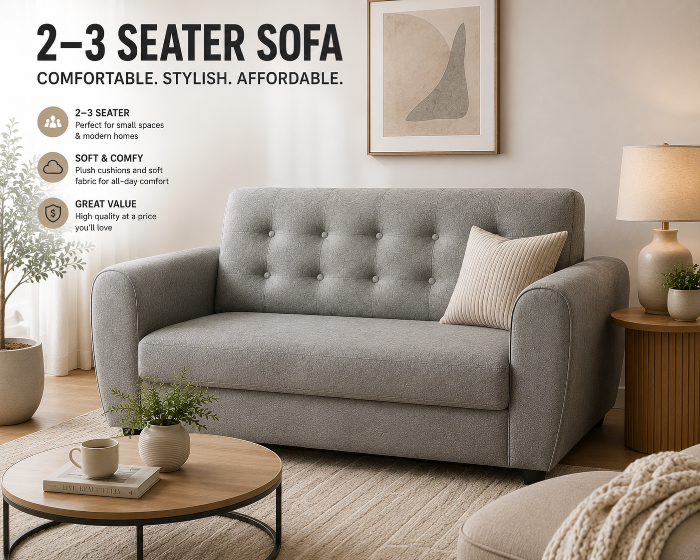 Modern 2-3 Seater Sofa, Comfortable Compact Couch for Living Room,Comfortable 2-3 Seater Sofa for Small Spaces,Affordable 2-3 Seater Sofa, Comfortable Couch for Everyday Living