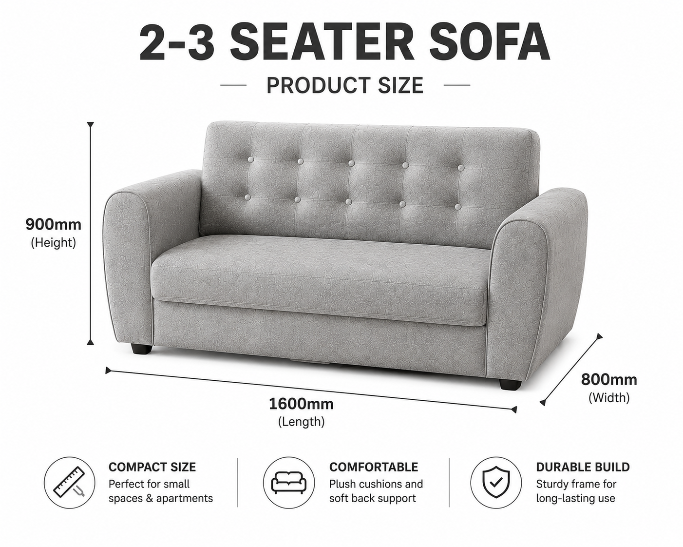 Modern 2-3 Seater Sofa, Comfortable Compact Couch for Living Room,Comfortable 2-3 Seater Sofa for Small Spaces,Affordable 2-3 Seater Sofa, Comfortable Couch for Everyday Living