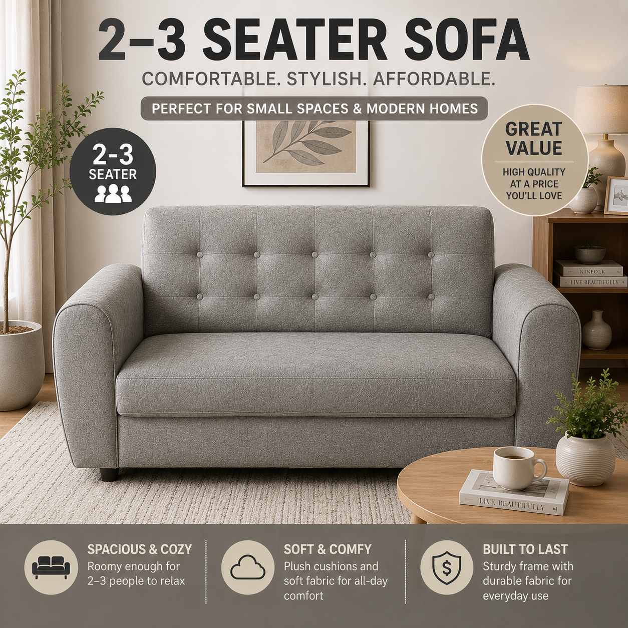 Modern 2-3 Seater Sofa, Comfortable Compact Couch for Living Room,Comfortable 2-3 Seater Sofa for Small Spaces,Affordable 2-3 Seater Sofa, Comfortable Couch for Everyday Living