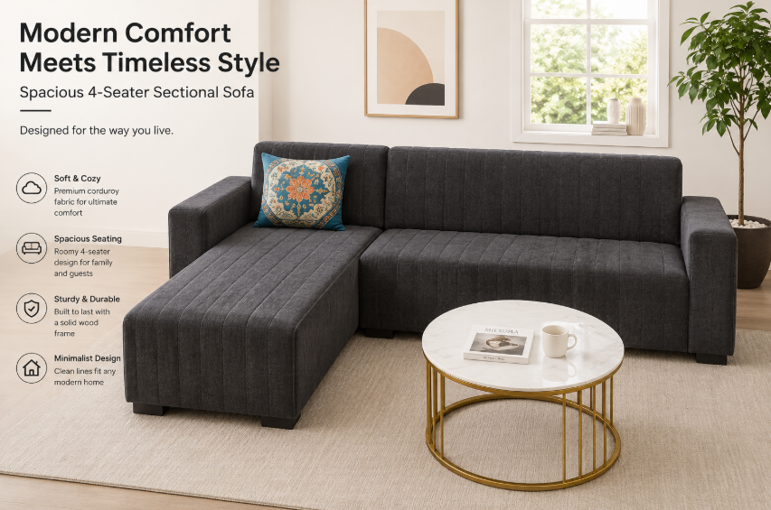Modern 4-Seater Corduroy L-Shaped Sofa – Minimalist Lounge Couch with Chaise, Soft Fabric Sectional Sofa for Living Room