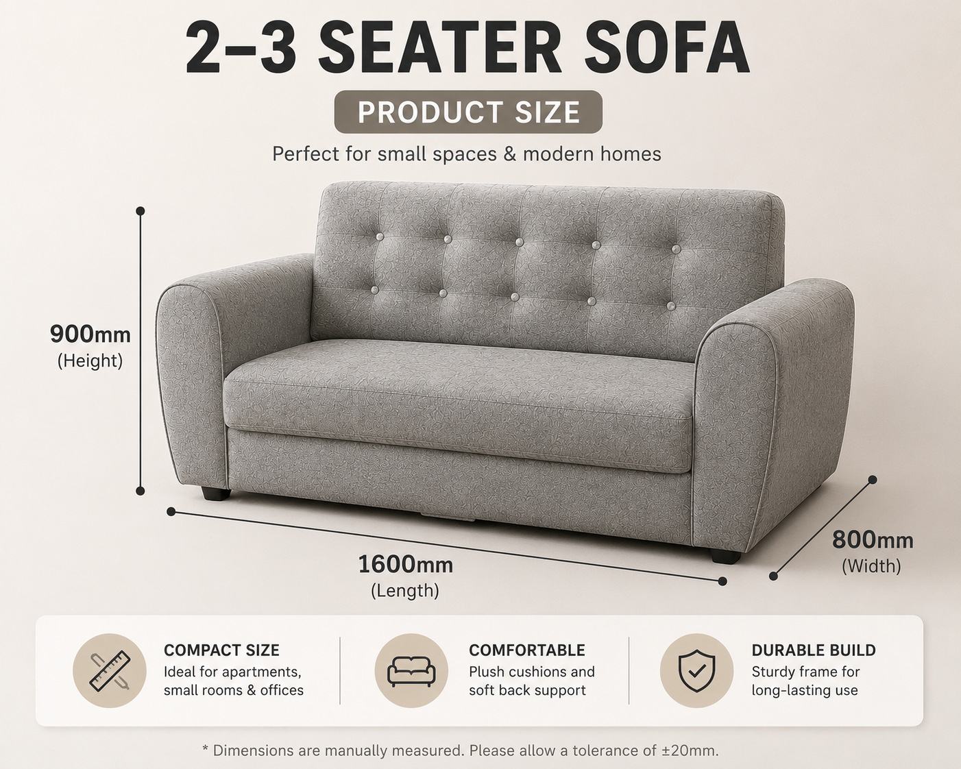 Modern 2-3 Seater Sofa, Comfortable Compact Couch for Living Room,Comfortable 2-3 Seater Sofa for Small Spaces,Affordable 2-3 Seater Sofa, Comfortable Couch for Everyday Living
