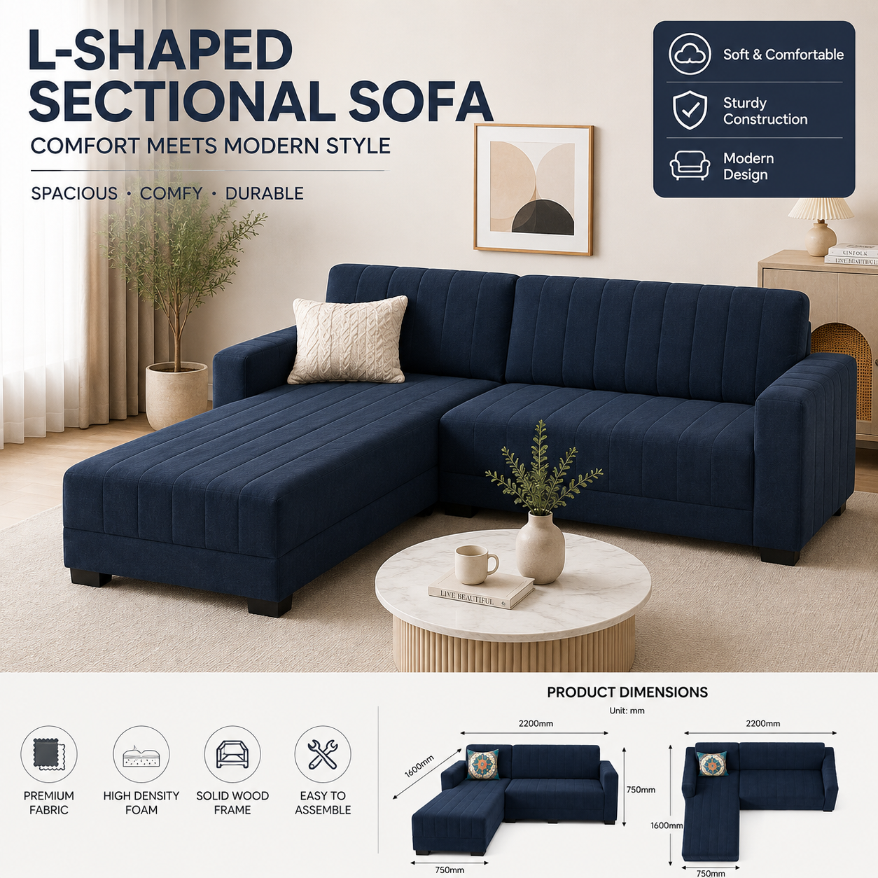 Modern 4-Seater Corduroy L-Shaped Sofa – Minimalist Lounge Couch with Chaise, Soft Fabric Sectional Sofa for Living Room