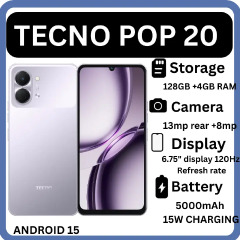 TECNO POP 20 128GB + 8(4+4)GB  64GB+4GB 4G Network 6.75" 120Hz Hole Screen Dual Speakers IP64 Waterproof 13MP 5000mAh 15W Type-C Android 15 Dual SIM Phone Side Fingerprint Unlock phones